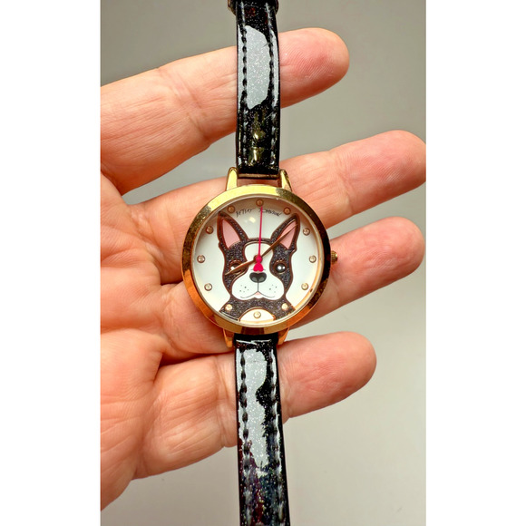 Betsey Johnson French Bulldog Frenchie Watch Gold Tone New Battery Works Black - Picture 3 of 7